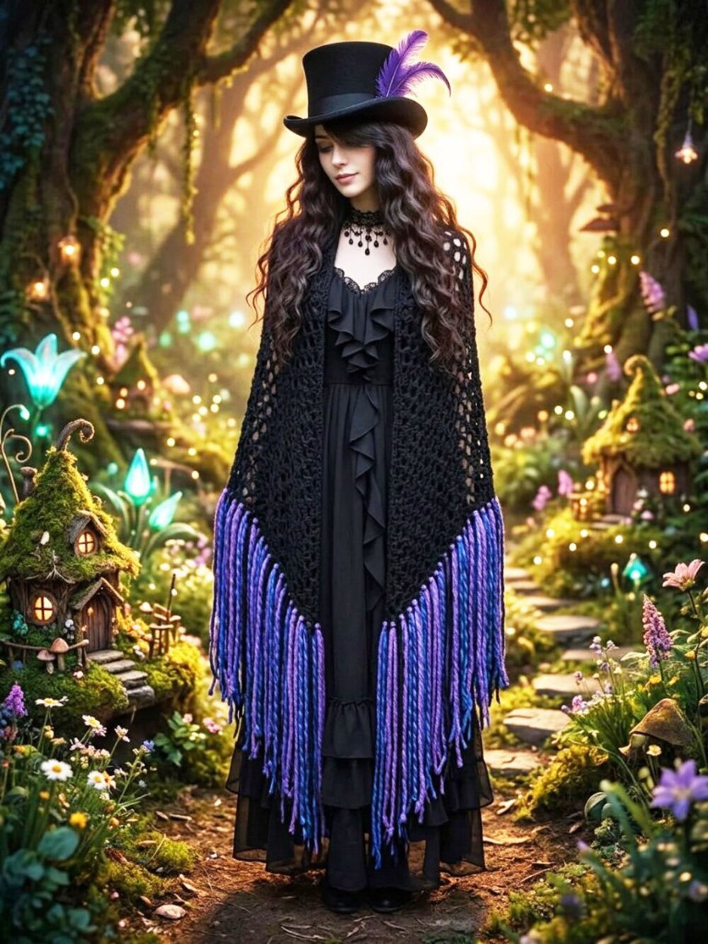 Boho Black with Royal Blue - Purple - Black Super Fringe Shawl
